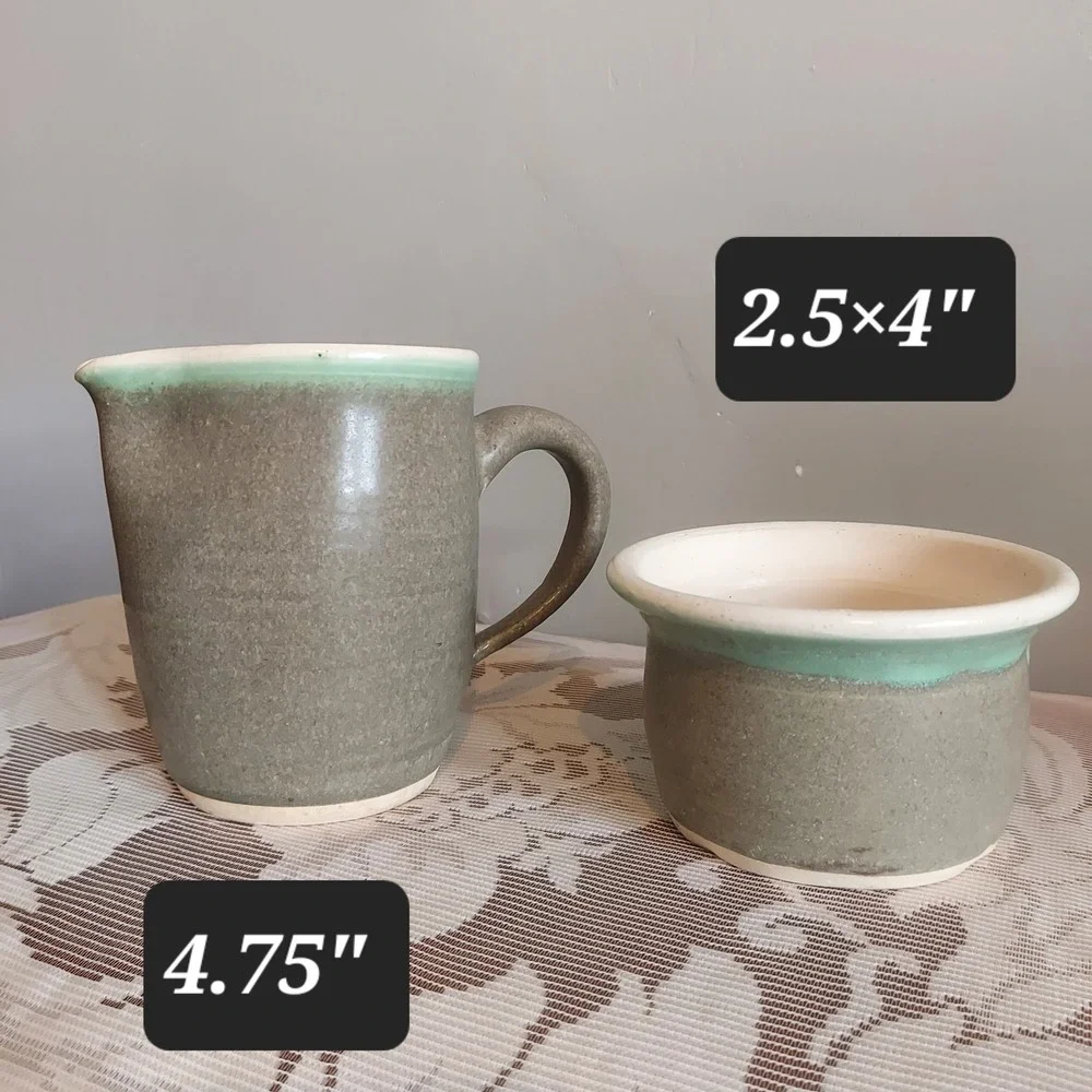 Overman Studio Pottery Cream and Sugar Set Sage Mint Green Drip Glaze Signed